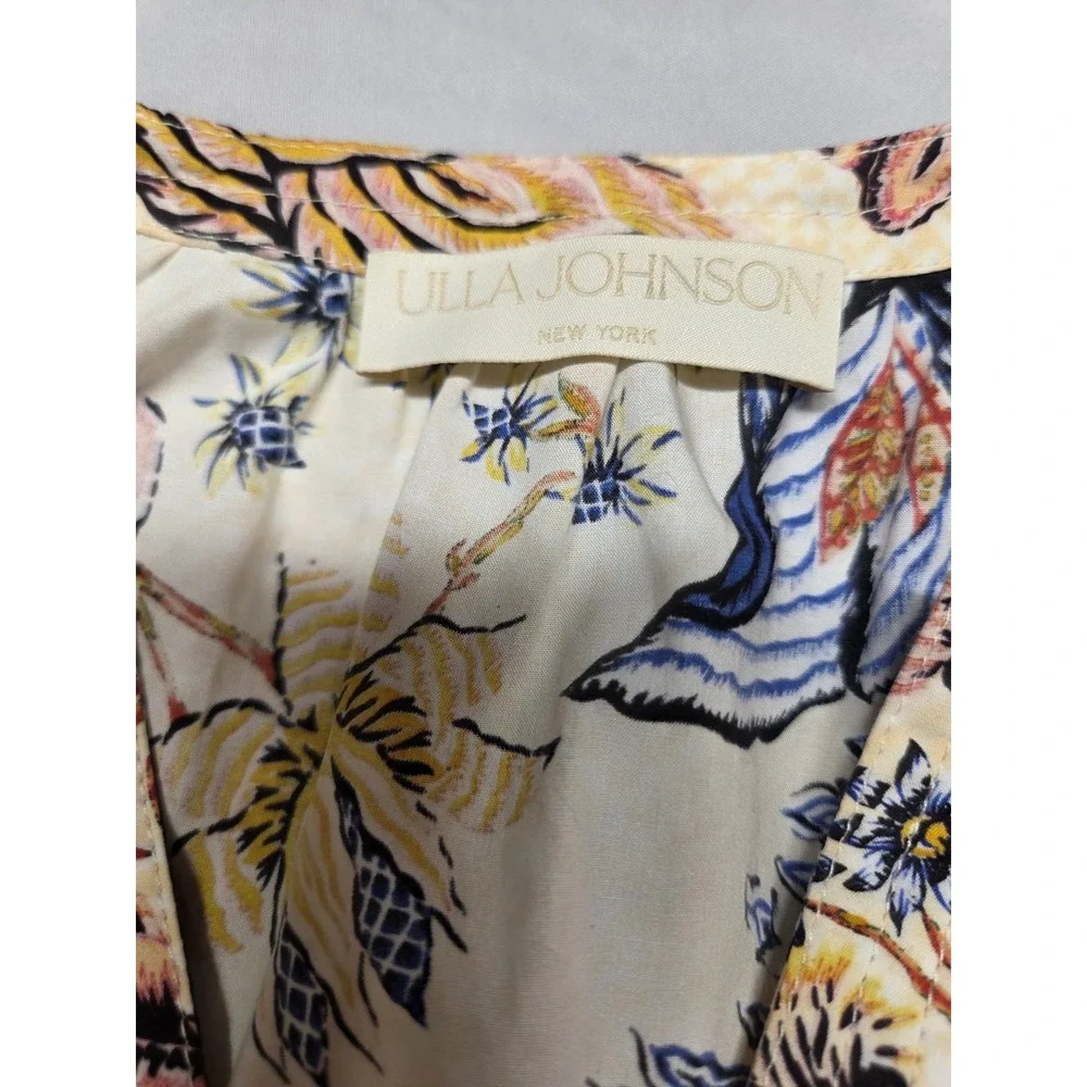 Ulla Johnson Naomi‎ Top Cotton Floral Cream Red Blue Ruched Sleeve Blouse Size 2